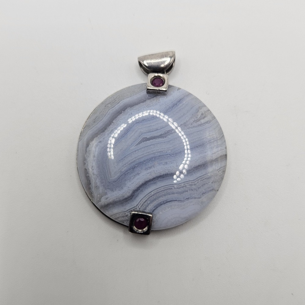 Sterling Silver Blue Lace Agate Ruby Large Pendant Signed 925 Elle